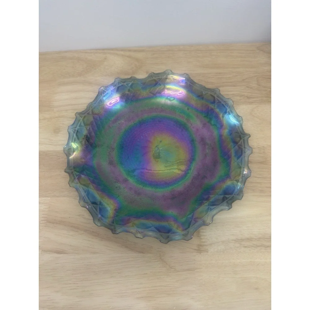 Vintage‎ Indiana Glass Iridescent Carnival Diamond Flower Tray Dish Bowl 10